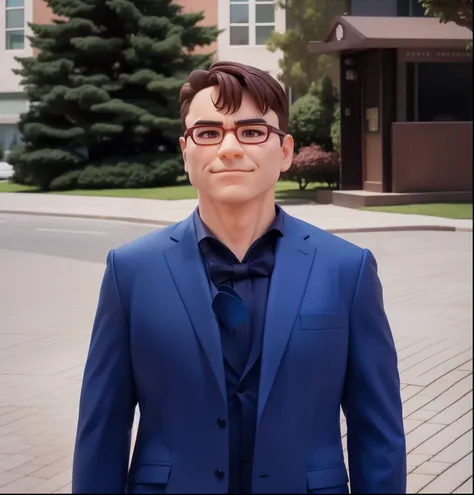 (Pixar 1.25 style) 1 man ((upper body front, bust shot)), solo, front, very comical face, very detailed eyes, brown eyes, very detailed nose, very detailed mouth, friendly, Korean, mens suit, bow tie, glasses, downtown area, ((masterpiece, highest quality)...