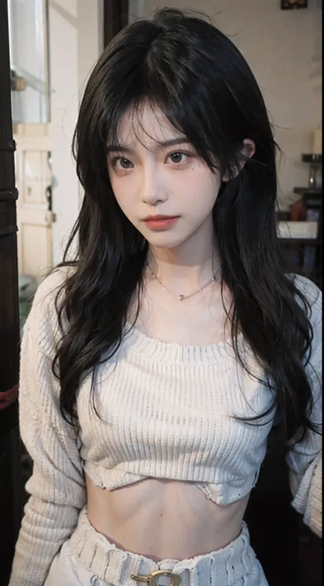 best qualtiy， 超高分辨率， （realisticlying：1.4），Baoyu Girl，1girll, with long coiled hair，Blushlush，Looking into the distance，nedium breasts，Cropped red sweater，a sense of atmosphere，Beautiful woman with a slim figure:1.4, Abs，Ultra-fine face，Elaborate Eyes，二重まぶた...