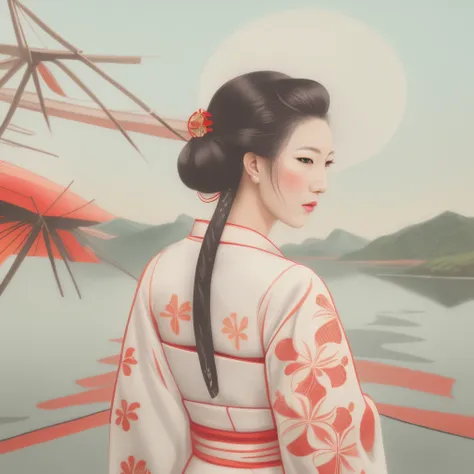 there is a woman in a kimono standing on a dock, inspired by Itō Shinsui, inspired by Nishikawa Sukenobu, elegant Japanese woman, Japanese woman, Japanese art style, Japanese geisha, a beautiful art illustration, Geisha portrait, in style digital illustrat...