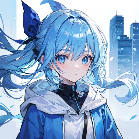 1girl, with light blue hair and blue eyes, wearing a hair ribbon and a blue and white hoodie. The scene is set in winter, with the girl looking directly at the viewer. This image can be used as a profile picture.City background.zoom-in on face.Masterpiece,...