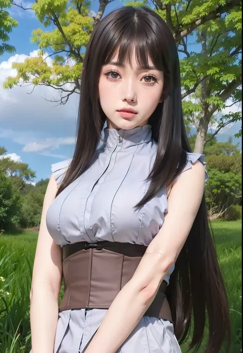 real life adaption of this character,her name is hinata Hyuga from anime Naruto,Realistic the back of the long hair is cut neatly ,,realistic outfit same patter,(waist corset brown color),Asian teen beauty face ,realistic light,realistic shadow,realistic b...