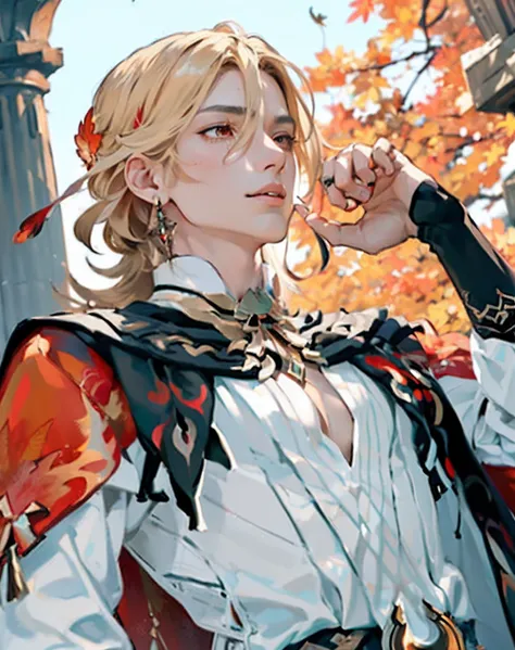 ((masterpiece, best quality)),  ((autumn, maple leaf, autumn orange leaves)), kaveh, blond hair, red eyes, ((black pants)), feat...