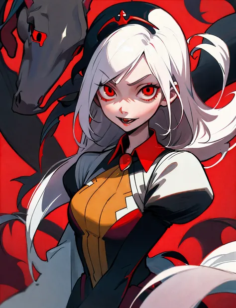 style of anime，adolable，Vampire Queen，Girl with white hair and red eyes，dual horsetail，