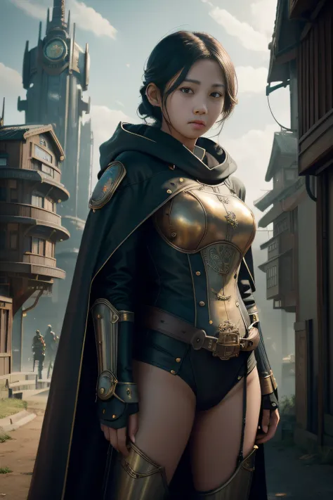 1 girl, young, 16 years old, Asian, full body from head to toe, Realistic, Realistic face, worried, looks over shoulder, side lighting, wallpaper, looks at viewer, futuristic steampunk buildings in background, Long cape and hood, ground earth, outdoors, ho...