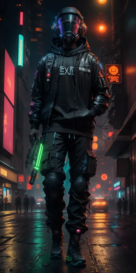 (masterpiece, full body shot, intricate raw photography) Cyberpunk citizen, comfortable oversize black hoodie, black cargo pants, neon lights details on dark clothes,wearing a black Astronaut style helmet, neon light details, intricate, futuristic, sharpne...