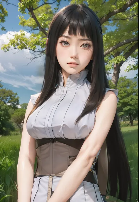 real life adaption of this character,her name is hinata Hyuga from anime Naruto,((Realistic bowl hairstyle cut)),realistic outfit same patter,(waist corset brown color),Asian teen beauty face ,realistic light,realistic shadow,realistic background,(realism:...