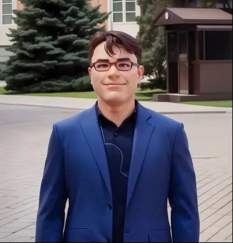 (Pixar 1.25 style) 1 man ((upper body front, bust shot)), solo, front, very comical face, very detailed eyes, brown eyes, very detailed nose, very detailed mouth, friendly, Korean, mens suit, bow tie, glasses, downtown area, ((masterpiece, highest quality)...