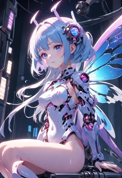 (((masterpiece))), ((best quality)), ((ultra-detailed)), (CG illustration), (an extremely devious and beautiful)), (cute desktop face), cinematic light, ((1 mechanical girl)), blue and purple and pink gradient tones, Equipped with mechanical butterfly wing...