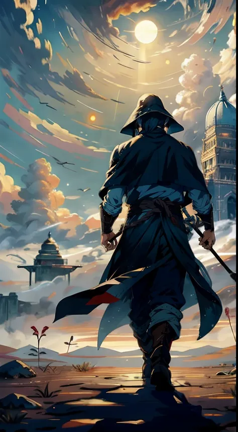 The ancient warrior in the trench coat walked firmly into the distance，He wears a cloak on his head，中景 the scene is，facing away from the audience，（Vast desert:1.2），（Rolling white clouds:1.2），（Lonely smoke drifted into the sky:1.2），The smoke is thick，Eagles...