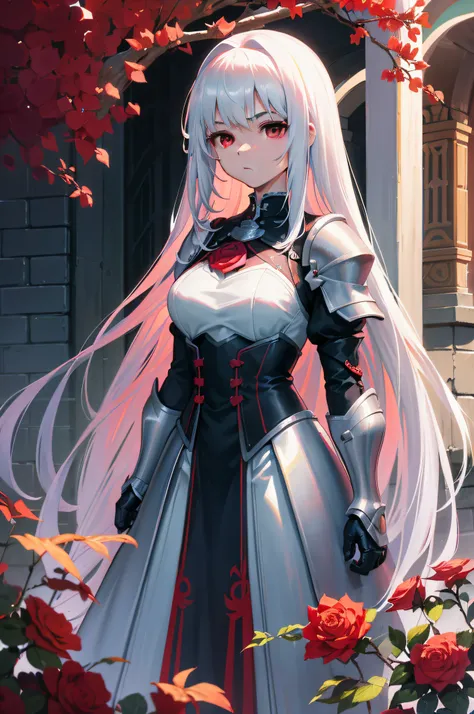 A teenage girl，White hair and red eyes，long whitr hair，Original Character、fantasy concept art、Volumetriclighting、Best shadow、shallowdepthoffield、Portrait of a noble knight、Dignified、Sophisticated tactical heavy armor、Tassel waistband、Hand Guard、Pauline、Hig...