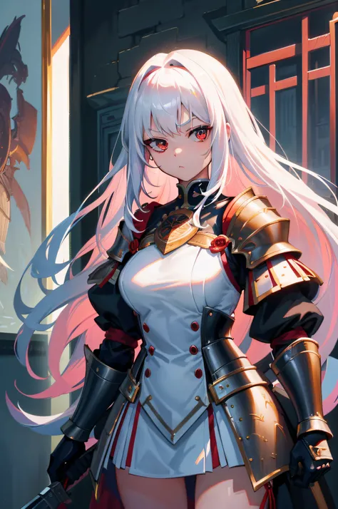 A teenage girl，White hair and red eyes，long whitr hair，Original Character、fantasy concept art、Volumetriclighting、Best shadow、shallowdepthoffield、Portrait of a noble knight、Dignified、Sophisticated tactical heavy armor、Tassel waistband、Hand Guard、Pauline、Hig...