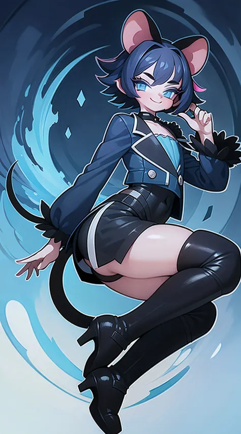 Anime character, high detail, Detailed art style, (canny smile:1.4), short curly hair, little chest, tailcoat, Short shorts, full length, the perfect body, Colors: black & Blue,  (1 boy:1.2), with ears and tail, Like a mouse, The body is like a girls, Long...