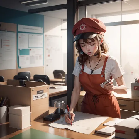 A  desk with a telephone and a hanging board on which "help desk" is written and notice board in background with lists pinned on it and a volunteer wearing a red cap and red apron helping others vector art