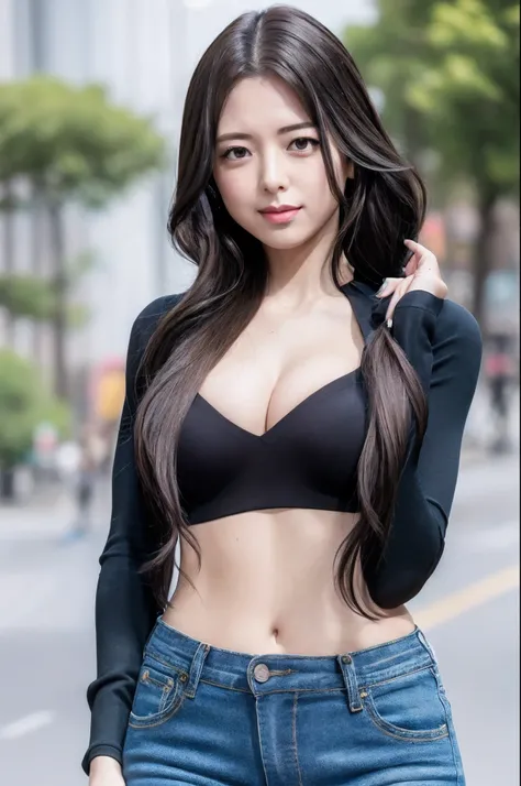 1 girl, Twin tail hair, yellow shirt, sexy, slim body,  navel, ((jeans)), cleavage