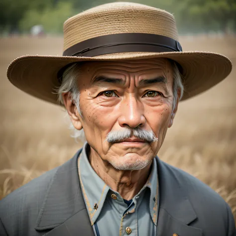 arafed man with a hat and a mustache wearing a suit, japanesse farmer, portrait photo of an old man, 60mm portrait, 50mm portrait, old man portrait, asian man, sharp looking portrait, centered portrait, 7 0 mm portrait, asian human, farmer, 50 mm lens phot...