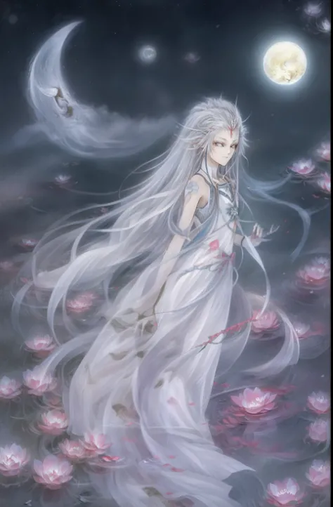 Yamazawa，full moon， 独奏， long whitr hair， As estrelas （Skysky）， Eau， Ripples，1 Ghost， Reflectors， florals， starrysky， the space，
high high quality，