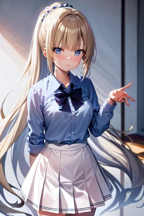 masterpiece, best quality, highres, 1girl, kei karuizawa, blue shirt, white skirt, standing, upper body