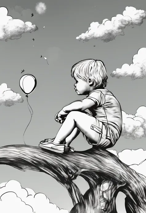 desenho para tatuagem, child 02 years blonde, sitting on a scale with a balloon in hand