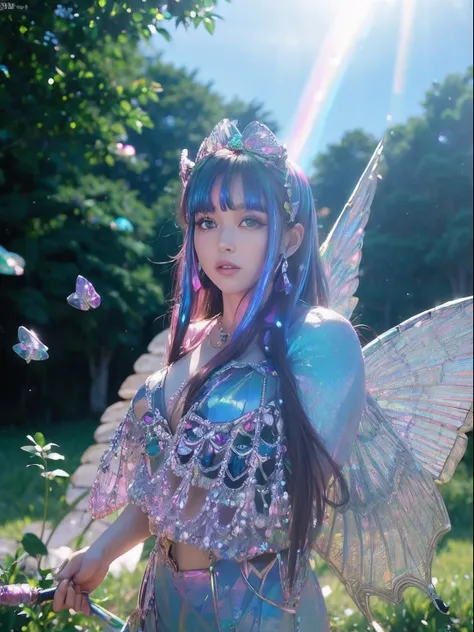 (A smile), Professional , ​masterpiece、top-quality、photos realistic , depth of fields （Gemstone White Metal Body:1.4),(Matte White Pink、Jewel Gold Weapon、（Gorgeous castle background）、（ultimate beauty girl）、（butterflys々feathered）、（Rainbow fairy wings grow）、...