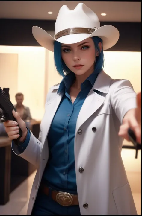 Action scenes in Western movies, Blue-haired Alyssa White-Gruz, Wearing a white trench coat, Shirts and cowboy hats walk into a salon with a pistol ((pointing at viewers)). full bodyesbian