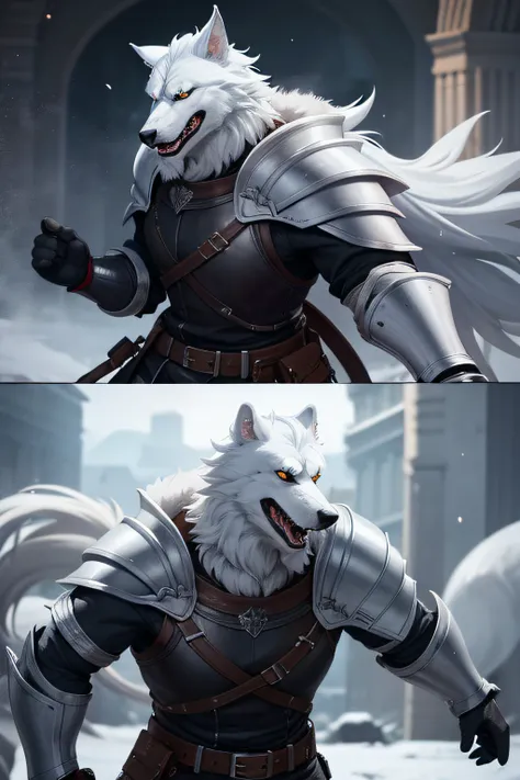 White-coated werewolves having war traits wearing black leather armor.