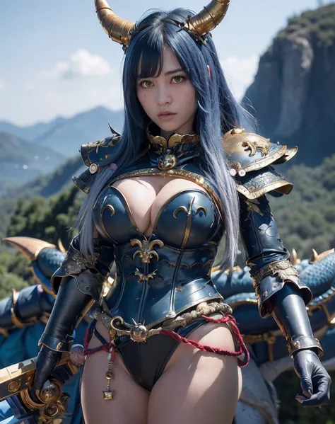 Professional , ​masterpiece、top-quality、photos realistic , depth of fields 、（Gemstone Blue Metal Body:1.９),(Matte Blue Black、gold patterns、Wind-effect、（cleavage of the breast）、Dragon Gold Weapon（Dragon Metal Body:1.４),Gorgeous gold weapons ,（Particles of l...