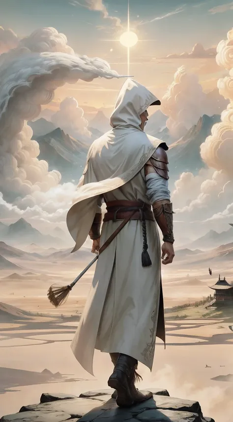 Ancient warriors in trench coats walk firmly into the distance，He wears a cloak on his head，中景 the scene is，facing away from the audience，（Vast desert:1.2），（Rolling white clouds:1.2），（Lonely smoke drifted into the sky:1.2），The smoke is thick，Eagles fly，（Th...