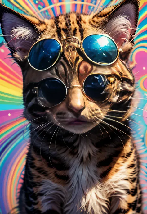 ​masterpiece、top-quality、top-quality、(((Psychedelic and colorful kitten design with sunglasses)))、ighly detailed、colourfull、highestdetailed、frontage