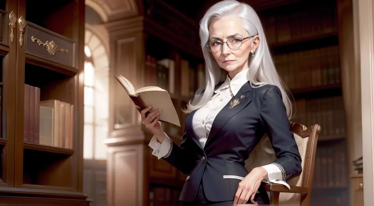 A sophisticated and elegant elderly librarian woman with glasses, exuding refinement and grace, holding an old book. Long silver hair. Standing beside a bookshelf.