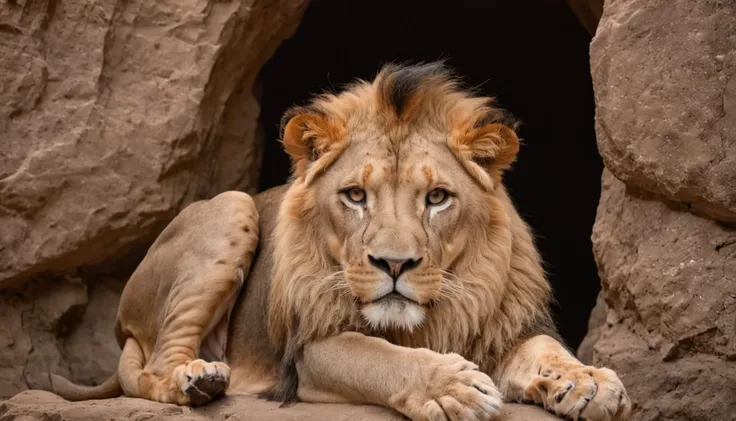 man in a cave with several lions around, bible, biblical story, daniel in the lions den