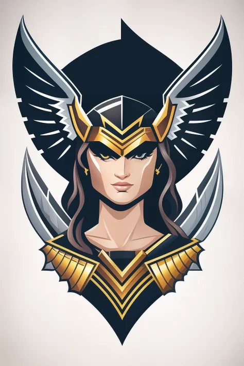 vectorized logo with a head of a valkyrie, mulher, sombreamento leve, plano 2d