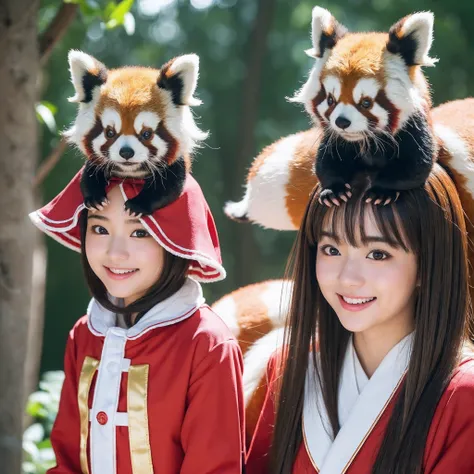 (8K、RAW Photos、top-quality、​masterpiece:1.5)、(realisitic、Photorealsitic:1.5)、ultra-detailliert、超A high resolution、lighting like a movie、(((Idol who loves red pandas)))、(((Japan 16 year old girls)))、(((Wearing a cute costume with a red panda motif)))、(Lots ...