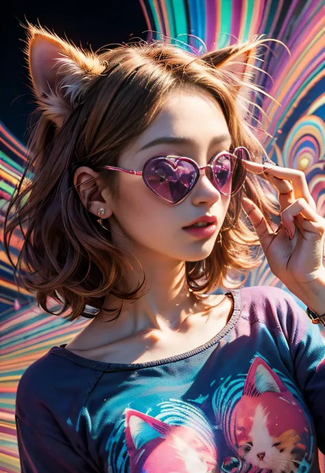 ​masterpiece、top-quality、top-quality、(((Psychedelic and colorful kitten design wearing pink heart sunglasses)))、ighly detailed、colourfull、highestdetailed、frontage