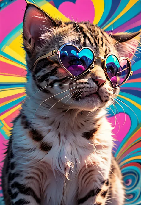 ​masterpiece、top-quality、top-quality、(((Psychedelic and colorful kitten design wearing pink heart sunglasses)))、ighly detailed、colourfull、highestdetailed、frontage