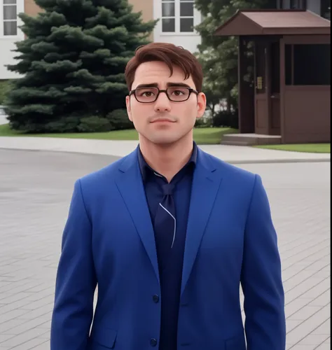 A man of 30 years old, with short brown hair,diamond face, strict look, and brown eyes, wearing white white shirt with necktie and glasses.