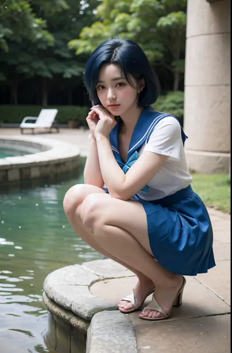 (masutepiece), (Best Quality), 8K resolution, 14 year old girl, a beauty girl, stunning beauty, A sexy, Sailor Mercury, Ami Mizuno, Blue hair, Blue skirt, Blue collar, Sailor Mercury Costume, Cool pose, Yushui, Eau, Wave, using dark magic, Water balls, wat...