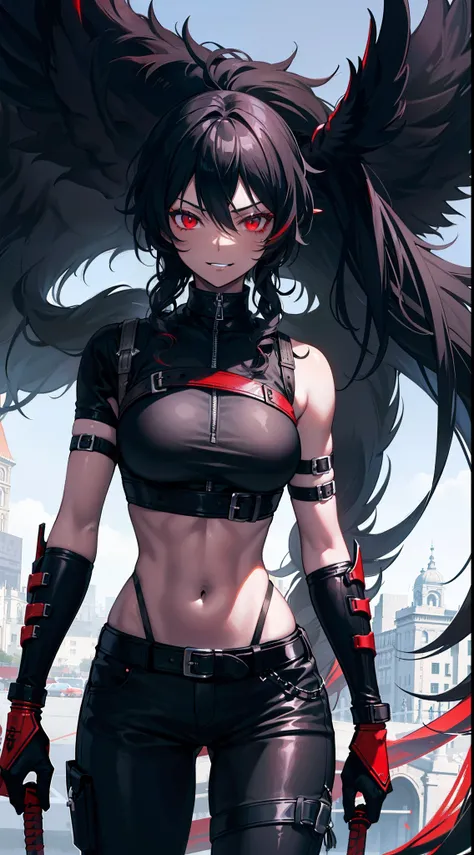 Adult woman, Ebony, black skin, long curly black hair, red eyes, Bondage on the eye, musculature, Black hired tight top, Mercenary pants, arma, sword, smirk, Masterpiece, hiquality