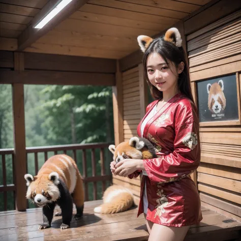 (8K、RAW Photos、top-quality、​masterpiece:1.5)、(realisitic、Photorealsitic:1.5)、ultra-detailliert、超A high resolution、lighting like a movie、(((Idol who loves red pandas)))、(((Japan 16 year old girls)))、(((Wearing a cute costume with a red panda motif)))、(Lots ...