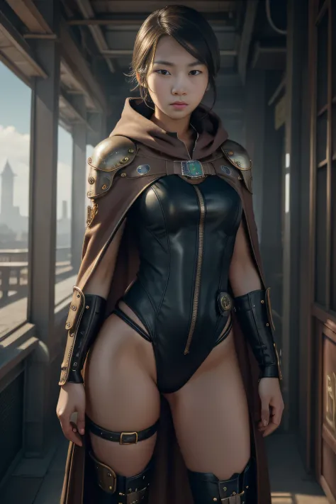 1 girl, young, 16 years old, Asian, full body from head to toe, Realistic, Realistic face, realistic eyes, worried, looks over shoulder, side lighting, wallpaper, looks at viewer, Futuristic steampunk buildings in background, long cape and hood, one-piece ...