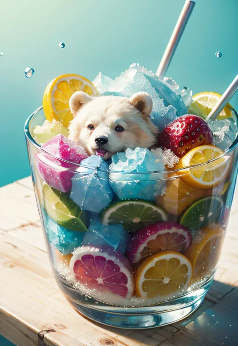 ​masterpiece、top-quality、top-quality、Colorful cute white bear design with illustration、Eat shaved ice、ighly detailed、colourfull、highestdetailed、Wide range of shots、gorgeous colors、grains of sugar、water dripping、kirakira、Colorful colors of bright ice、Image-...