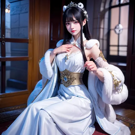 Royal sister style，Beautiful sister，Wearing white mink, Dress thickly, covered mouth，Cough gently, And there is some asthma and a debilitating appearance，Holding a sharp sword in his hand