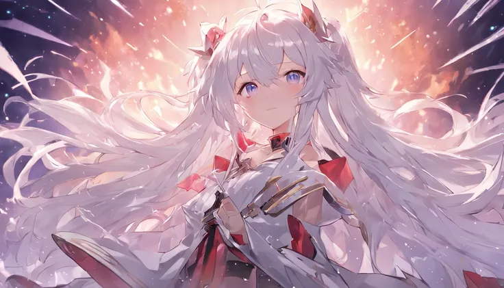 Anime girl with long white hair, white haired god, nigh sky, starrysky, Detailed key anime art, shadowverse style, high detailed official artwork, anime key visual of elegant, official artwork, Official art, girls frontline universe, from the azur lane vid...