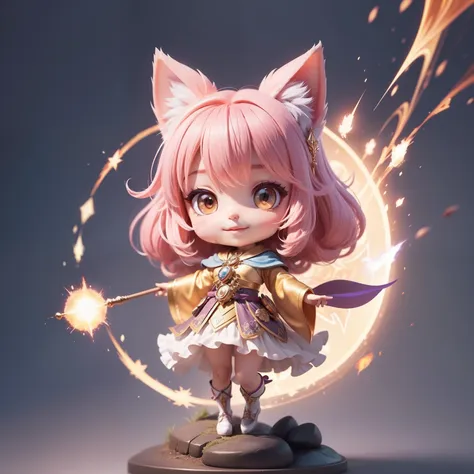 （（（Super masterpiece、top-quality、ultra-detailliert、1 Cat Girl、Chibi：1.5））、Create illustrations featuring infectious and energetic mini-wizard characters, A radiant smile that carries the magic of positivity and energy. charicature, Adorned with enchanting ...