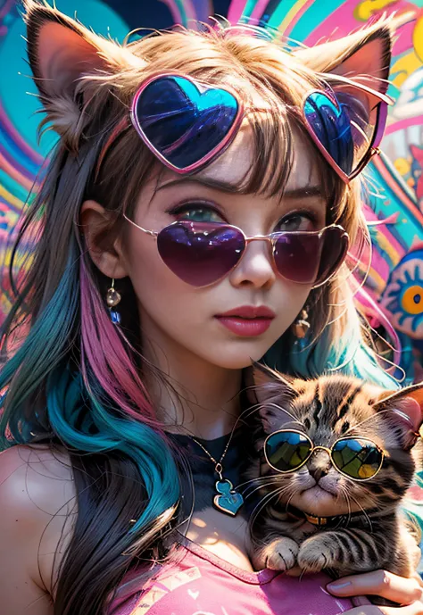 ​masterpiece、top-quality、top-quality、(((Psychedelic and colorful kitten design wearing pink heart sunglasses)))、ighly detailed、colourfull、highestdetailed、frontage