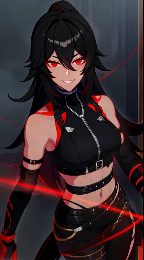 Adult woman, Ebony, black skin, long curly black hair, red eyes, Bondage on the eye, musculature, Black hired tight top, Mercenary pants, arma, sword, smirk, Masterpiece, hiquality