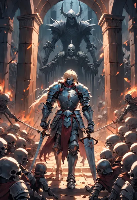 A knight in metal armor fighting an army of skeletons in a dark castle corridor.