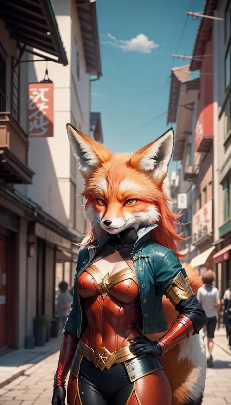 personage (red fox:1.3) In costume (wonder woman:0.9) , in the city, Ghibli Style Studio, Akira Toriyama, Genshin Impact, 4k, bright colours, devinart, Trending on ArtStation,