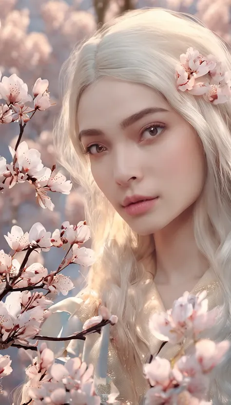 Danfeng Olhos，Bushido，a parte superior do corpo，Cabelo enrolado preto，Pinos de cabelo simples，olhos frios，pessoa solo，ortofacial，Fachada，peach blossom background，cores altamente saturadas，hiper real，8k high-definition，segurando uma espada longa，absolutamen...