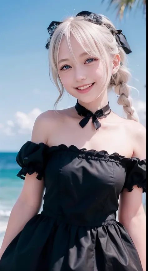 (ultra-detailliert), Cute princess dresses in black color,(frilly dress),(shortsleeves),Blue eyes,The upper part of the body、a closeup、faces、(A smile:1.5),(facing front:1.2), 20yr old, teens girl,no tail,(no tail),2D, ​masterpiece, top-quality, animesque, ...