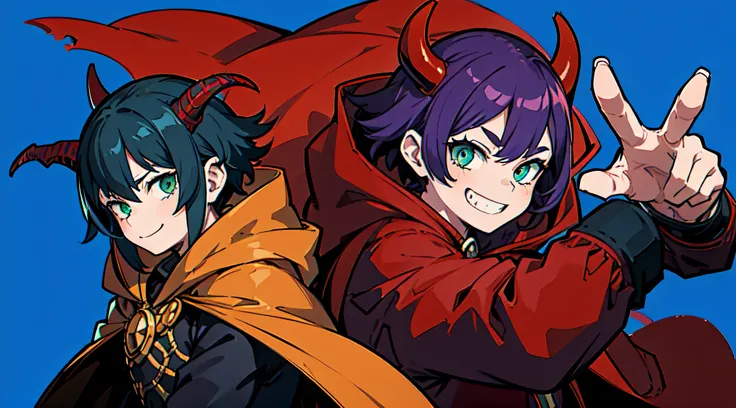 top-quality、​masterpiece、((Deformed))、Boy with short purple hair、Green eyes、demonic horns、A smile、red cloak、Composition that reflects the whole body、combat pose、Thumbnail image、Blue background